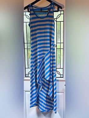 Sleeveless Blue and Gray Striped High-Low Maxi Dress